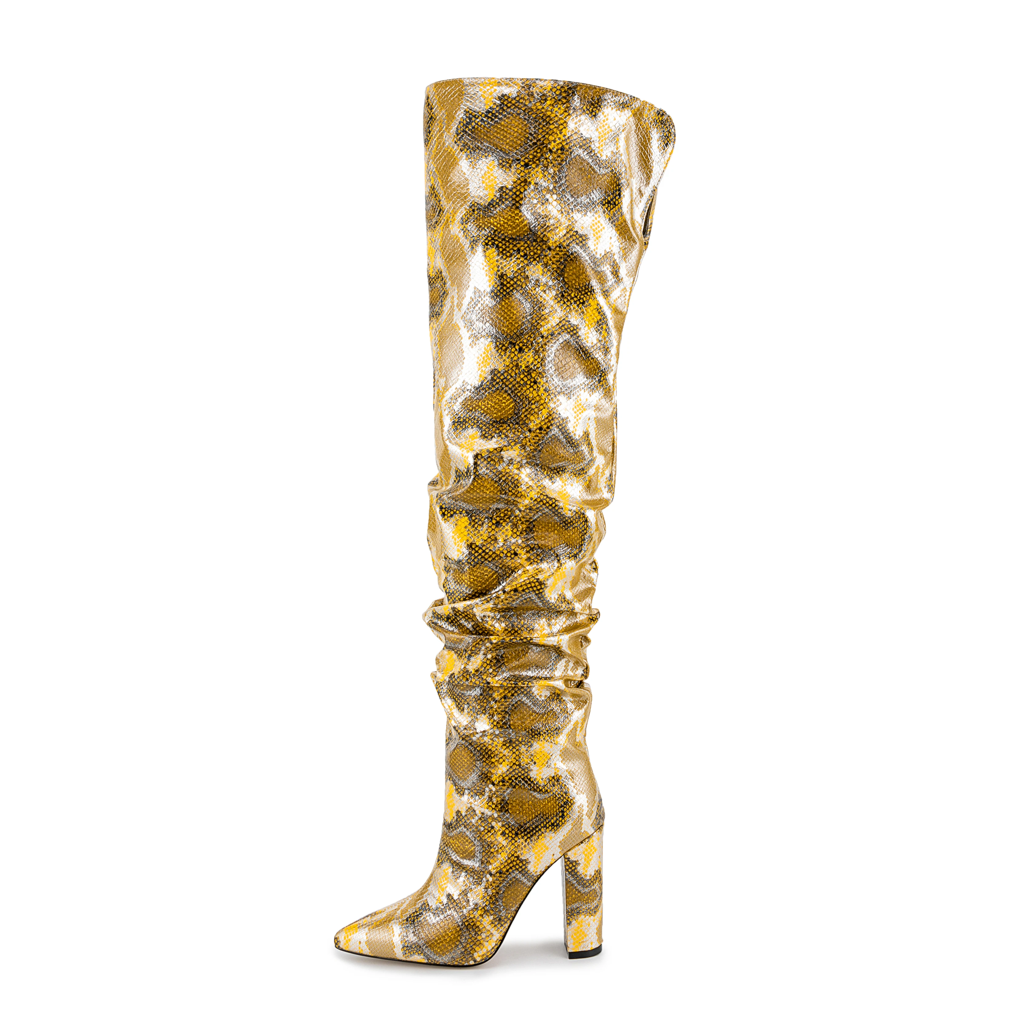 Wholesale Chengdu Handmade Yellow Snake Skin Women Long Boots Winter Block Heels Over-the-knee Thigh High Boots For Ladies