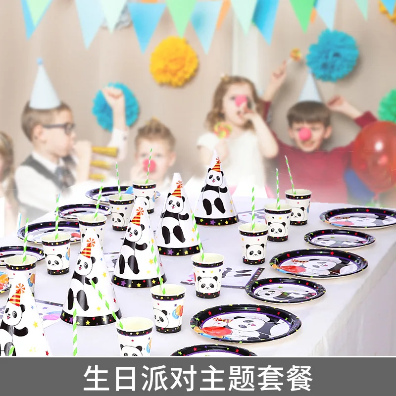 2022 Party panda theme disposal kung fu panda ornament Paper Plate Set plates 9inch 7inch cups napkin black panda theme