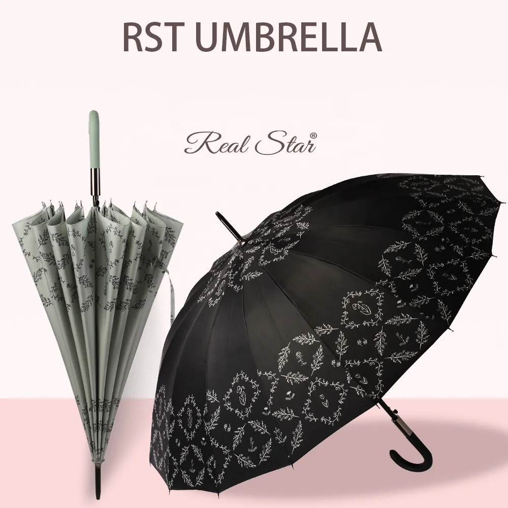 RST new printing long straight woman rain umbrella updated handle 16 ribs windproof umbrella