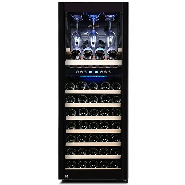 Modern Large Cooling Wine Cabinet Hang Cup Display Dual Zone Wine Chiller With Wooden Shelf