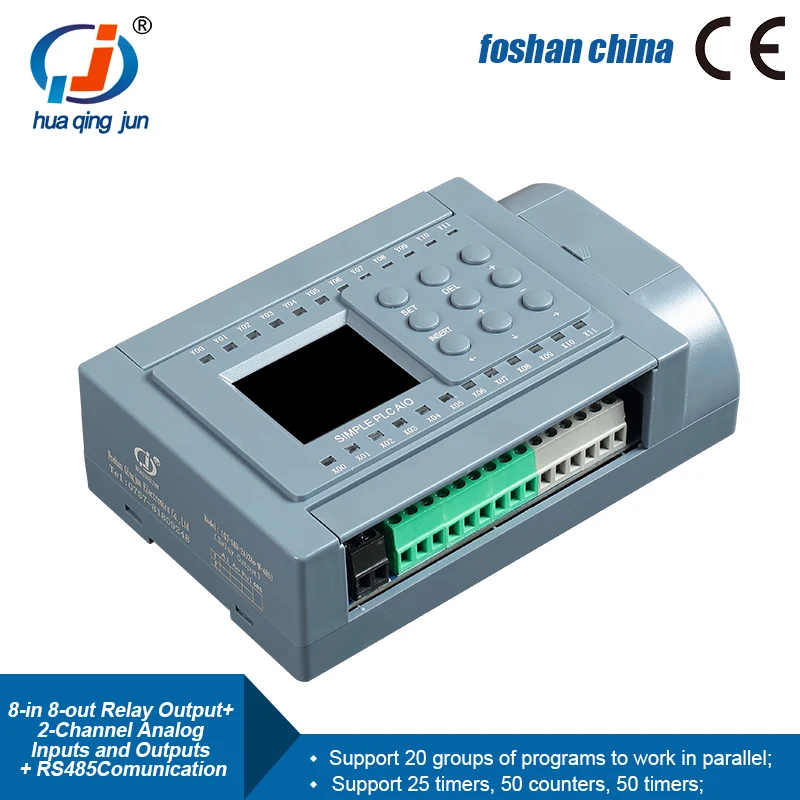 Huaqingjun 8-in 8-out Relay Output PLC Plus 2-Channel Analog Input Output 0-20mA with RS485 Communication for Home Automation