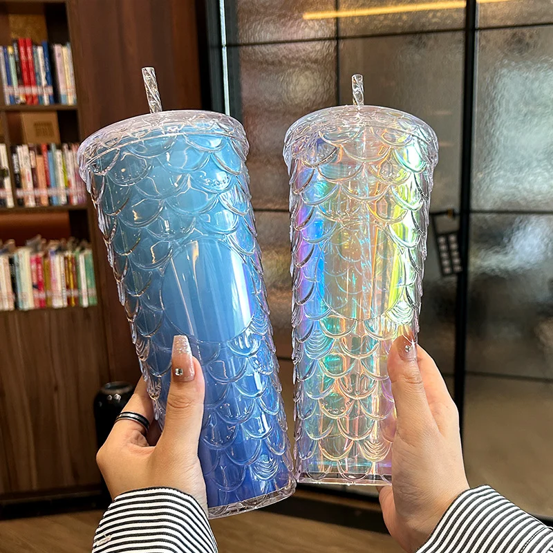 New Arrival large capacity high appearance level gradient Double Wall fish scale Plastic Tumbler cup