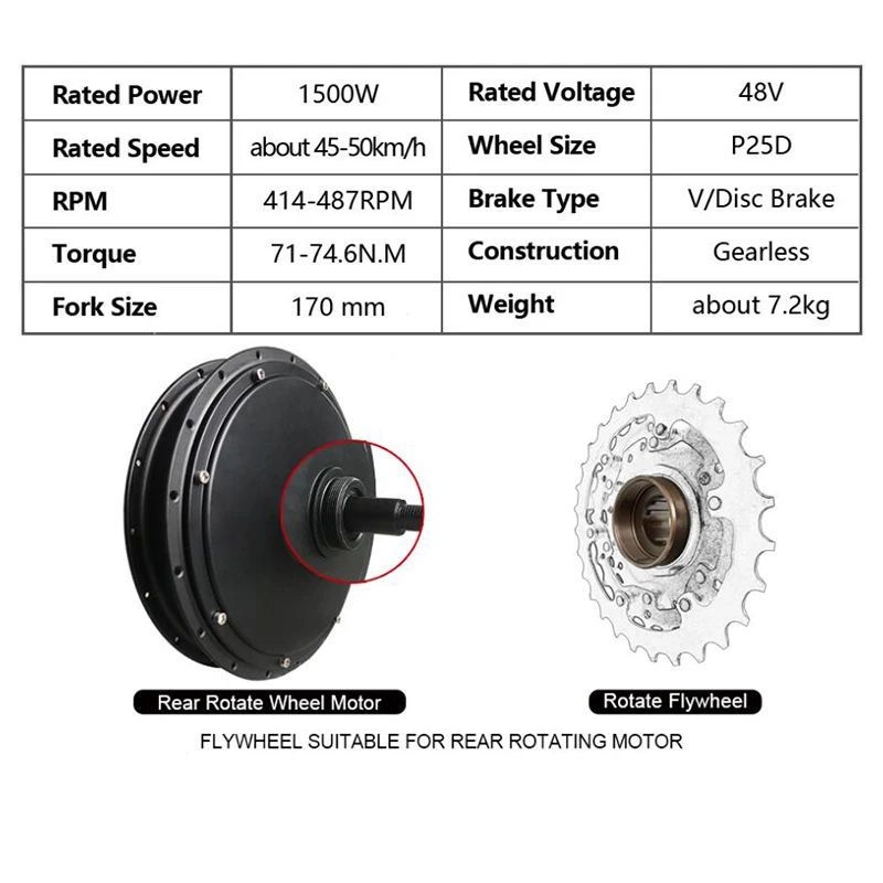 48V 1500W  Waterproof Electric Bike Kit Brushless Rear Motor Wheel for Ebike Conversion Kit