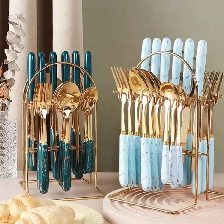 Exquisite Ceramic Handle Stainless Steel 24 Pieces Tableware Set Nordic Style Western-Style Tableware Sets