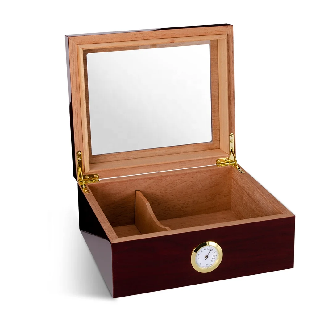Glass Top Handcrafted Cigar Humidor Cherry Wood Cigar Box with Front Hygrometer
