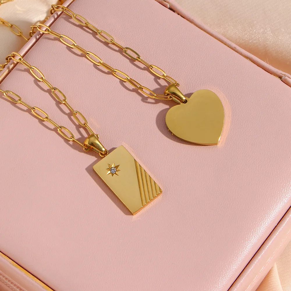 Wholesale Trendy 18k Gold Stainless Steel Oval Chain Women Jewelry Stripe Pattern Zircon Square Heart Circle Pendant Necklace