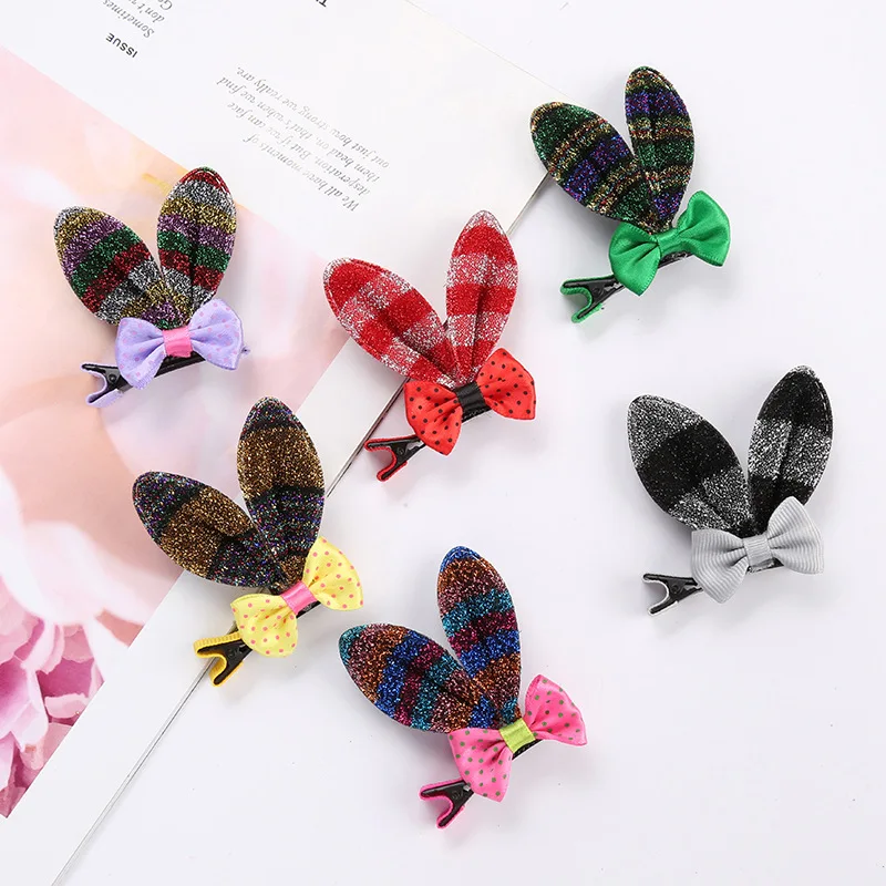 
Pet supplier Dog accessories dot bow knot rabbit ear cloth shining bling hair bow with clip for pet dog cat 