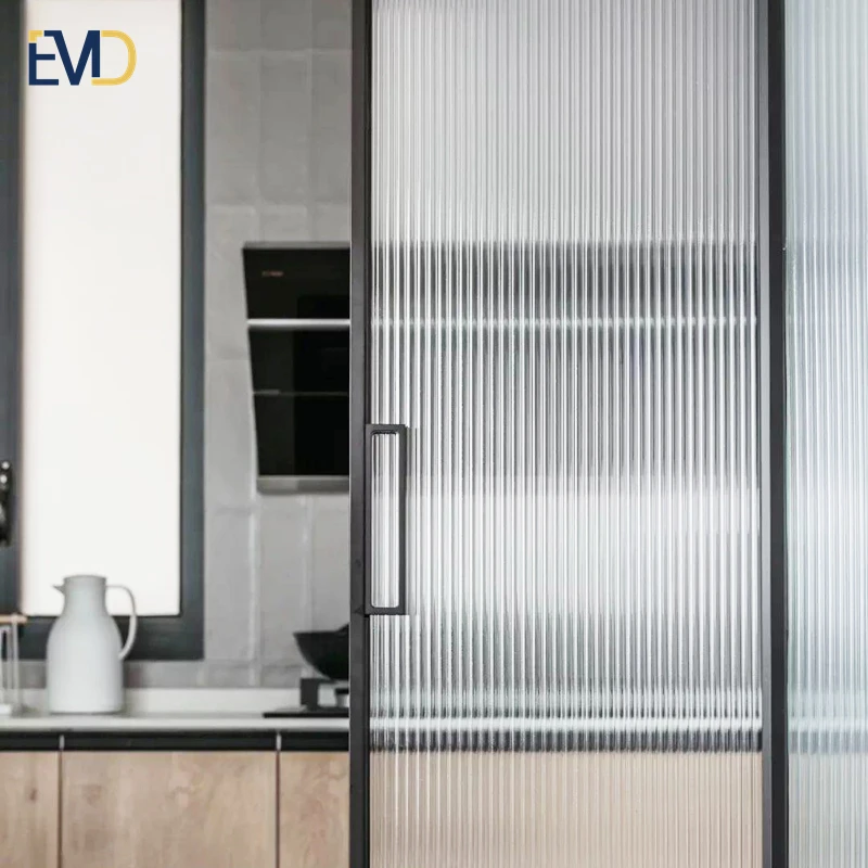 Modern sliding door bedroom kitchen divider aluminum slim frame interior ribbed glass sliding door