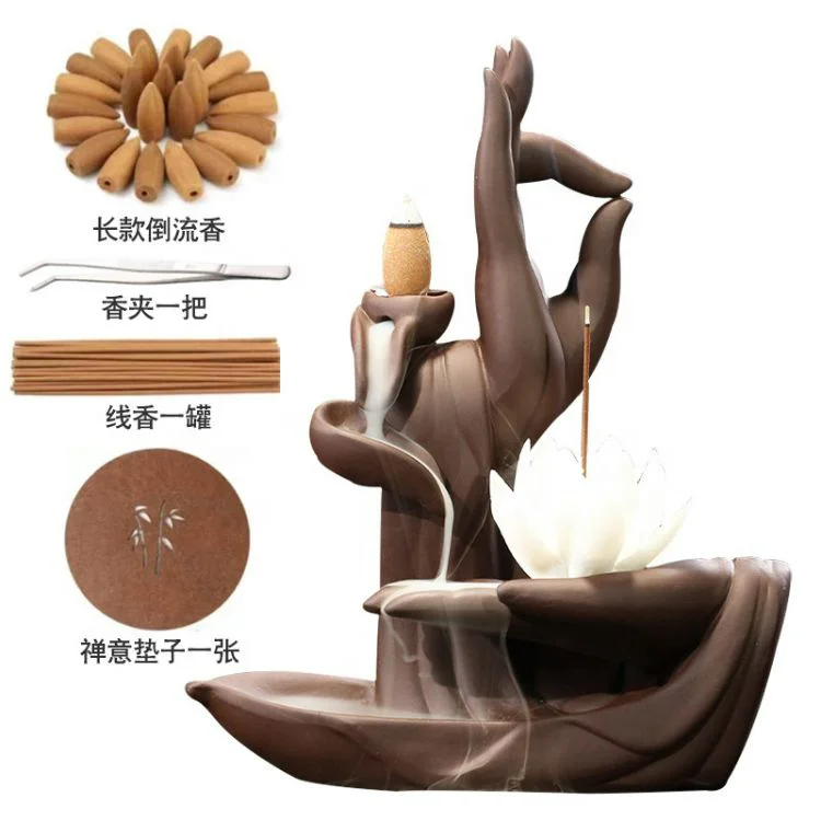 Pottery waterfall lotus Creative fountain smoke stick Buddha Hand Backflow Incense Burner set with free cone
