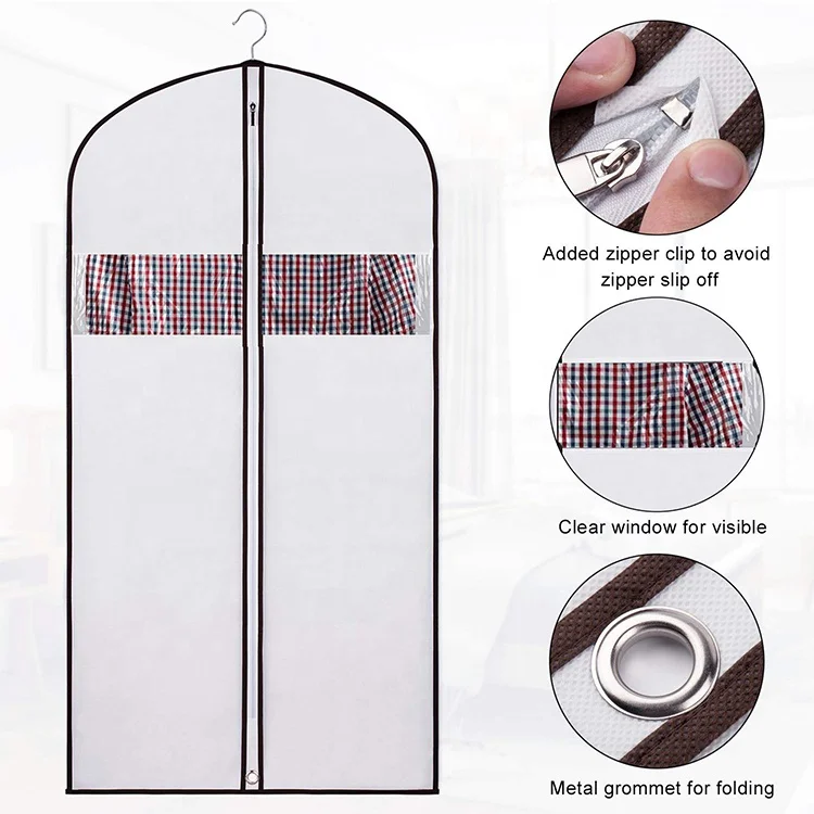Set of 5 Custom Breathable White Cloth and PVC Garment Covers Dust and Packing Suit Bag Carriers for Storage Transportation