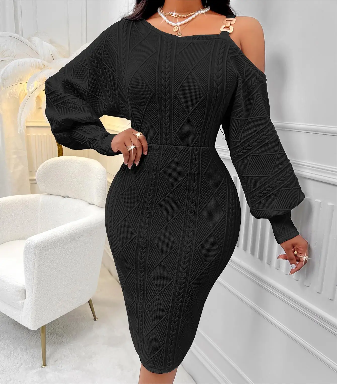 Женское однотонное платье с рукавом-фонариком