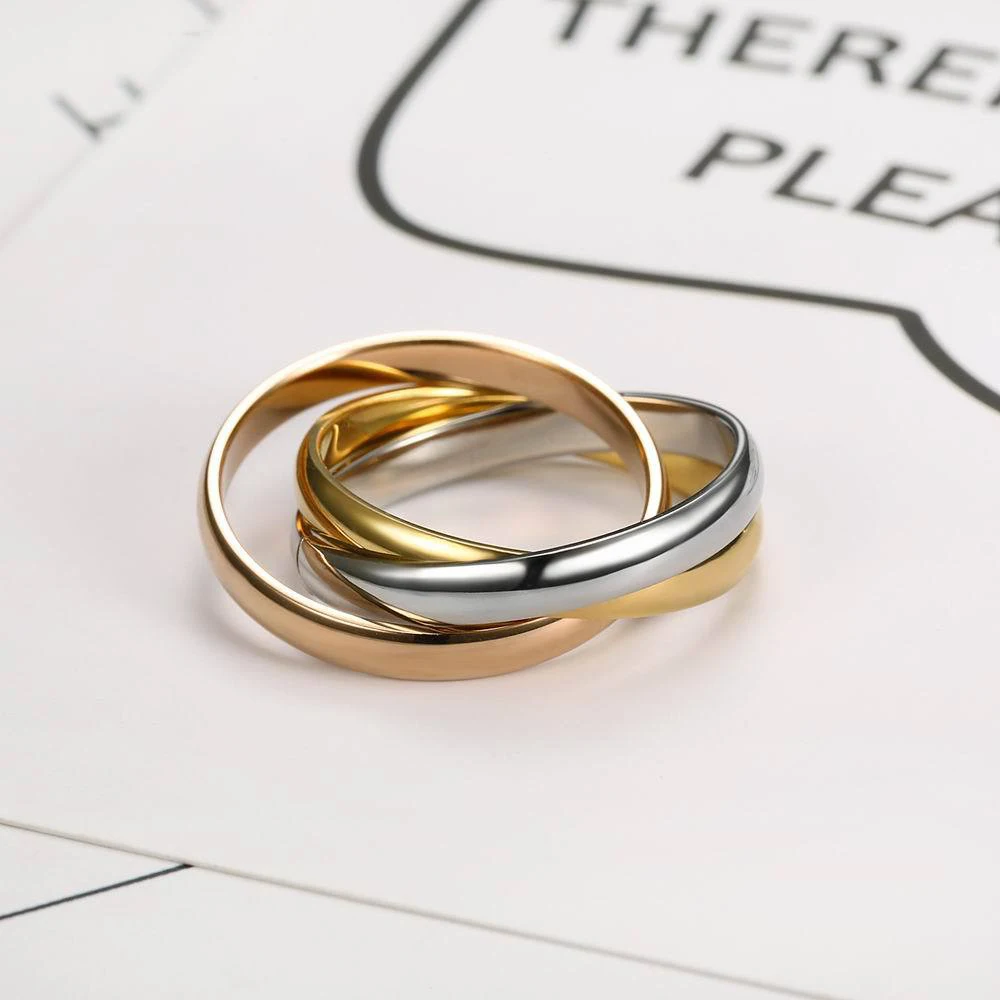 Fashion Custom Jewelry 18K Gold Plated Color Block Triple Rolling Ring Women Titanium Steel Rings