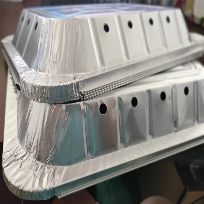 Foil BBQ trays punched holes aluminum grill tray with mesh customized logo emboss