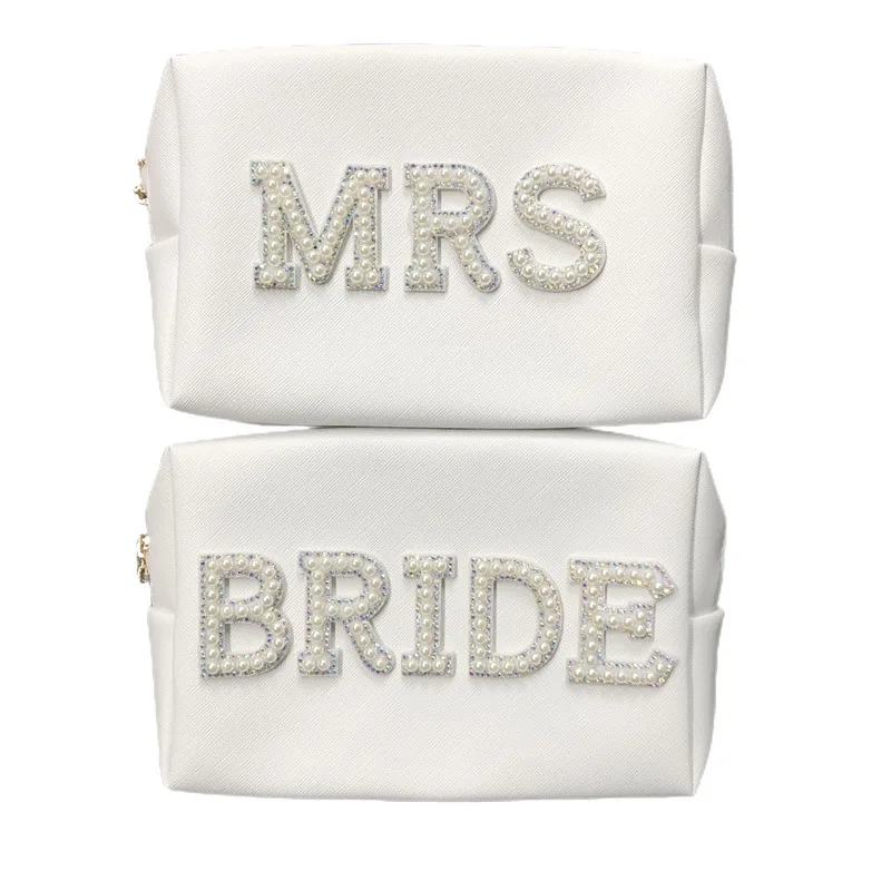 Creative MRS/BRIDE Pearl Letter Bridal Makeup Bag Waterproof Travel Portable Pu Leather Cosmetic Bag For Bridesmaid Wedding Gift