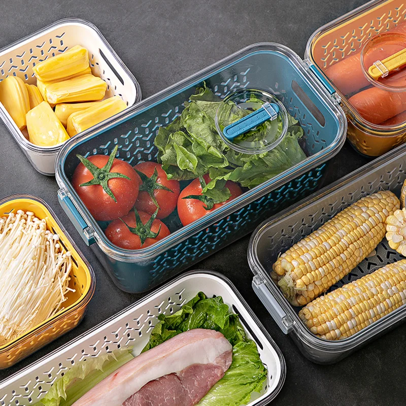 Plastic Durable Kitchen Stackable Produce Saver Space Organize Keeper Fresh Drainer Refrigerator Clear Airtight Storage Box