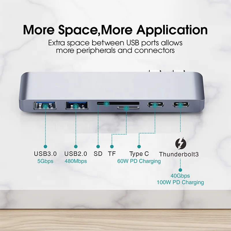 High Speed USB C Hub 6 in 1 Docking Station Type C to USB 2.0 3.0 PD Port SD TF Card 6 Port Type C USB Hub