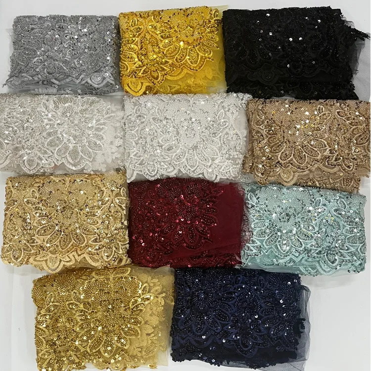 factory wholesale unique  bridal lace fabric beaded luxury heavy beaded border lace fabric for wedding