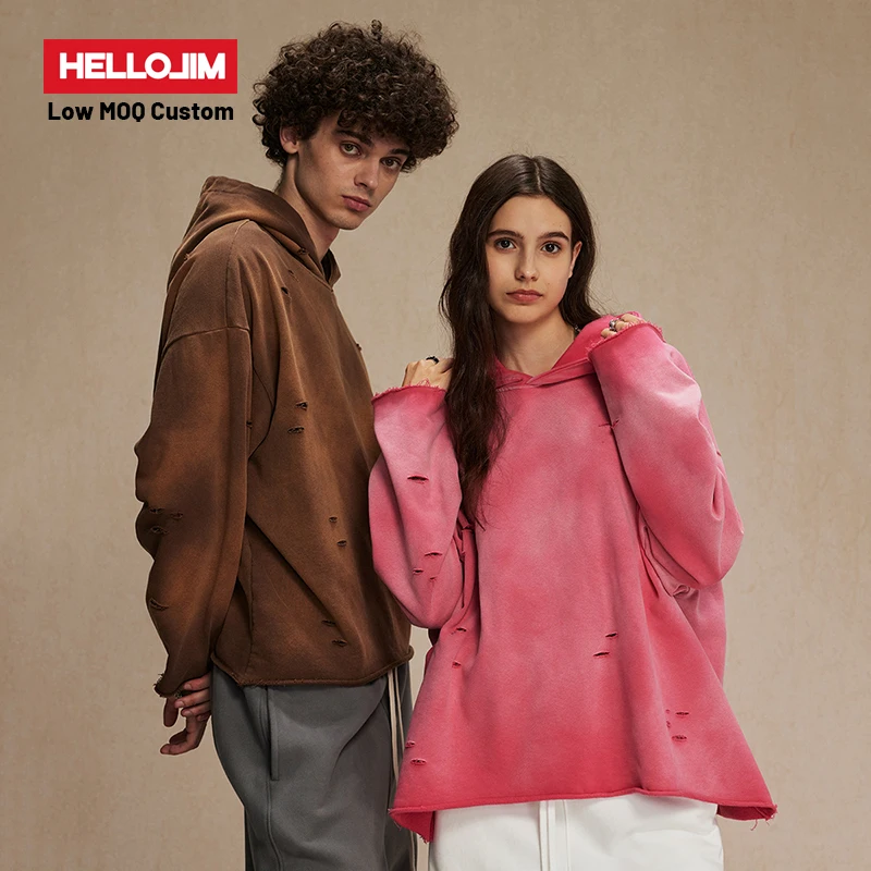 2024 New Custom Hoodies High Quality Blank 450gsm Terry Acid Wash Heavyweight Distressed Hoodie