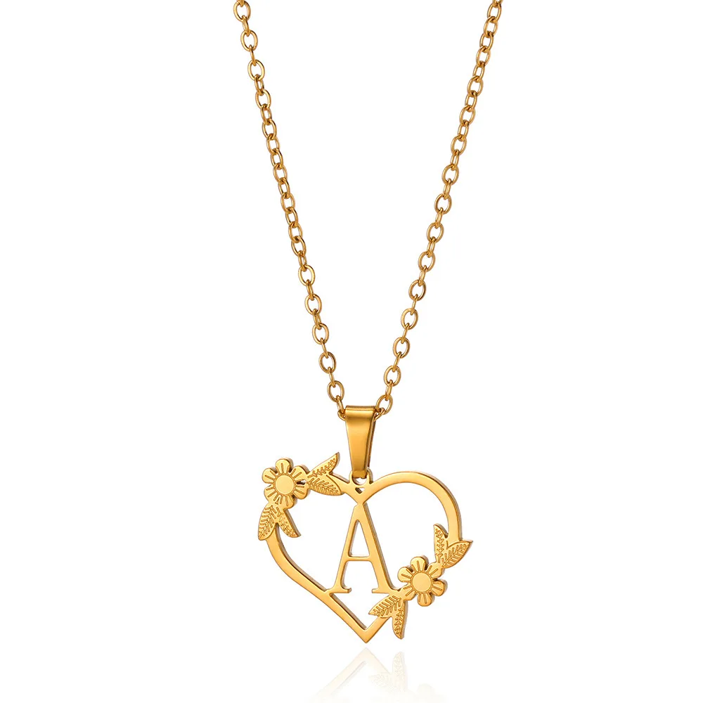 Fashion A-Z Heart Hollow English Letter Necklace Stainless Steel Flower Surname Necklace Fine Jewelry Necklace For Women