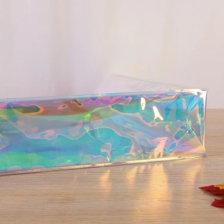 Custom Logo Promotional Rainbow Clear Plastic Women Beach Bags bolsa de compras Transparent Holographic PVC Tote Shopping Bag