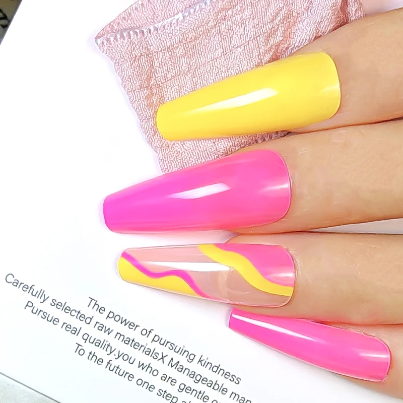 Long Nails Colorful Stripes  Coffin Shaped With Yellow Rose Red Color Glossy Stick on Nails