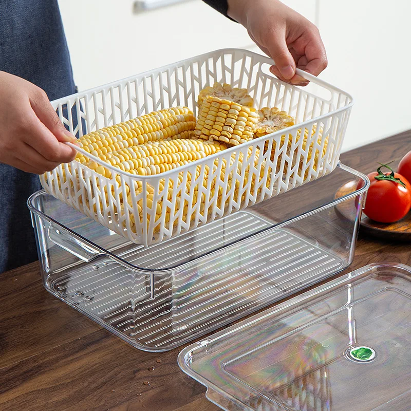 Food Grade Refrigerator Storage Box with Drainage Drawer Egg Box Freezer Plastic Transparent Fruit Fresh-keeping Box
