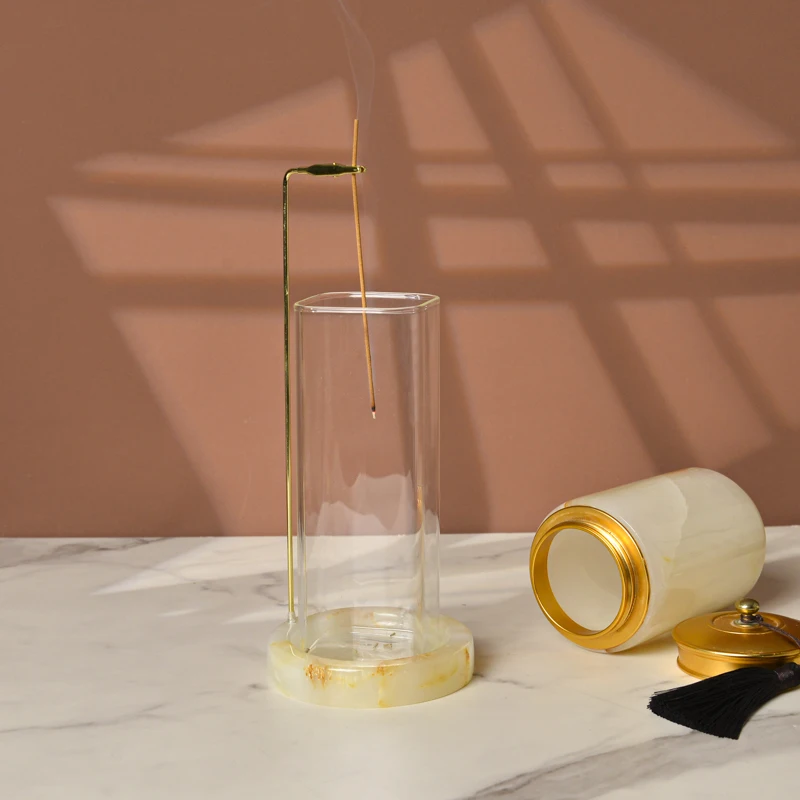 top sale yinhe stone unique design luxury marble onyx Incense stick Holder with Glass Ash Catcher anti-ash Incense Burner set