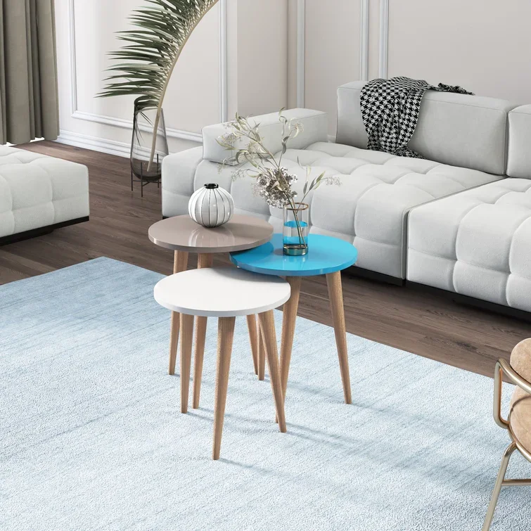 Round Glossy Finish Nesting Coffee Table Set of 3 Stacking  3 Pieces Side End Table Set for Home Decor