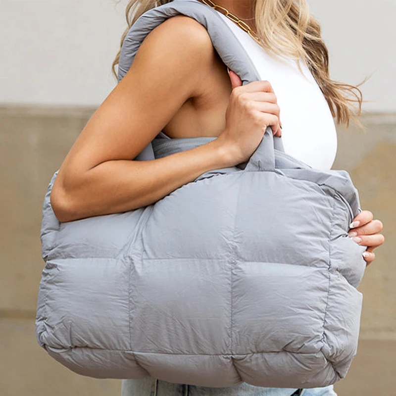 Puffer Tote Bag Lightweight Satchel Purse Large Travel Gym Shop Quilted Puffy Handbag for Women