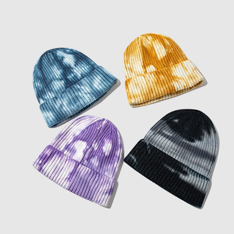 All over print tie dye head warmer knitted beanies winter streetwear tye dye beanie winter hats men women