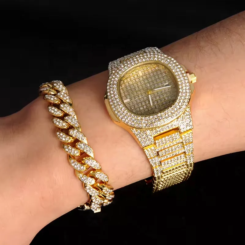 Hip Hop Mens Luxury Watches Design Iced Out Full Diamond Hiphop rapper bling gold dial bust down wristwatch