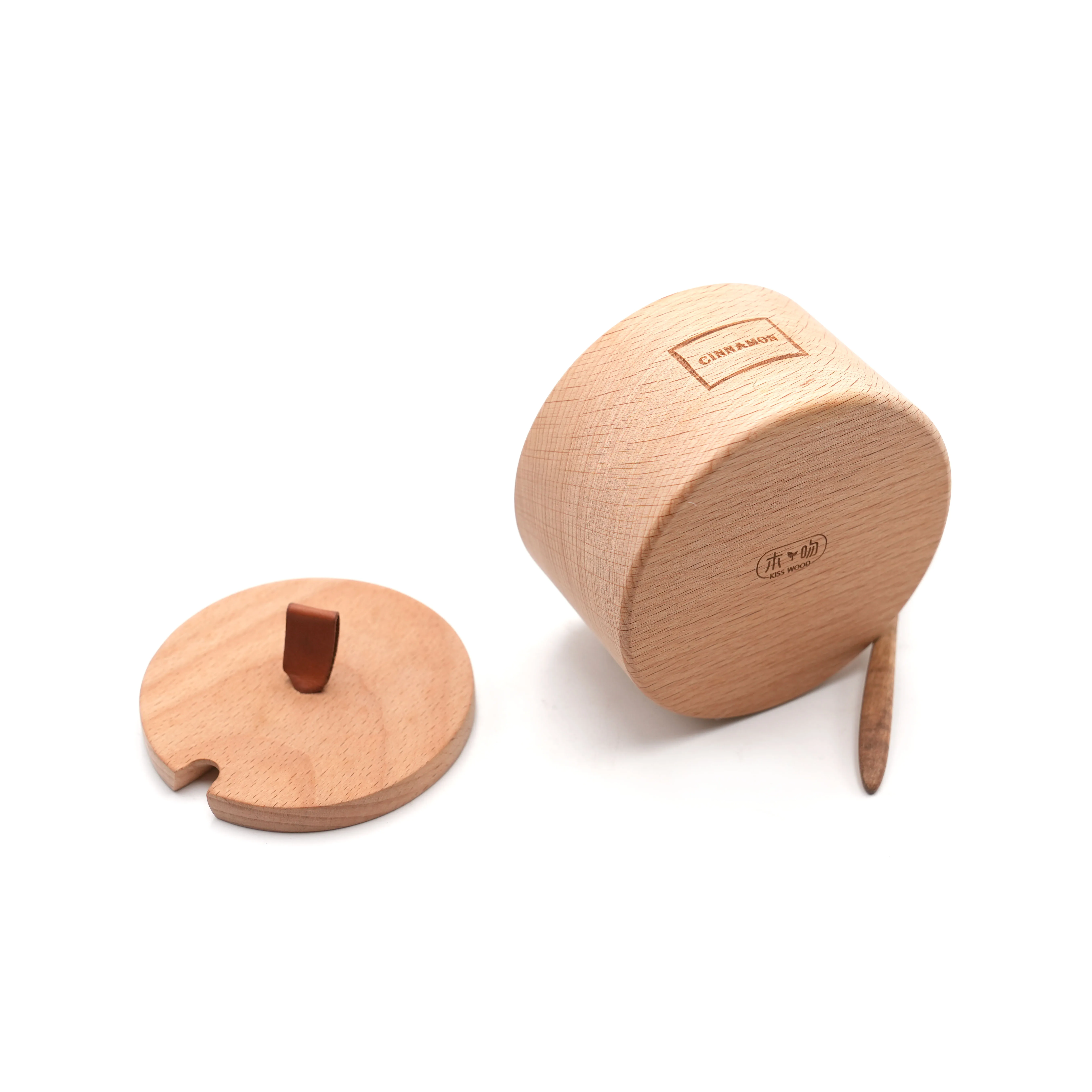 Small Organic Wooden Salt Pepper Bowl Spice Box Round Wood Salt Cellar Container with Serving Spoon