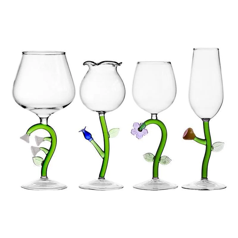 Supplier of hand blown creative colored flower shape goblet wine glasses wine goblet cups for wedding gift