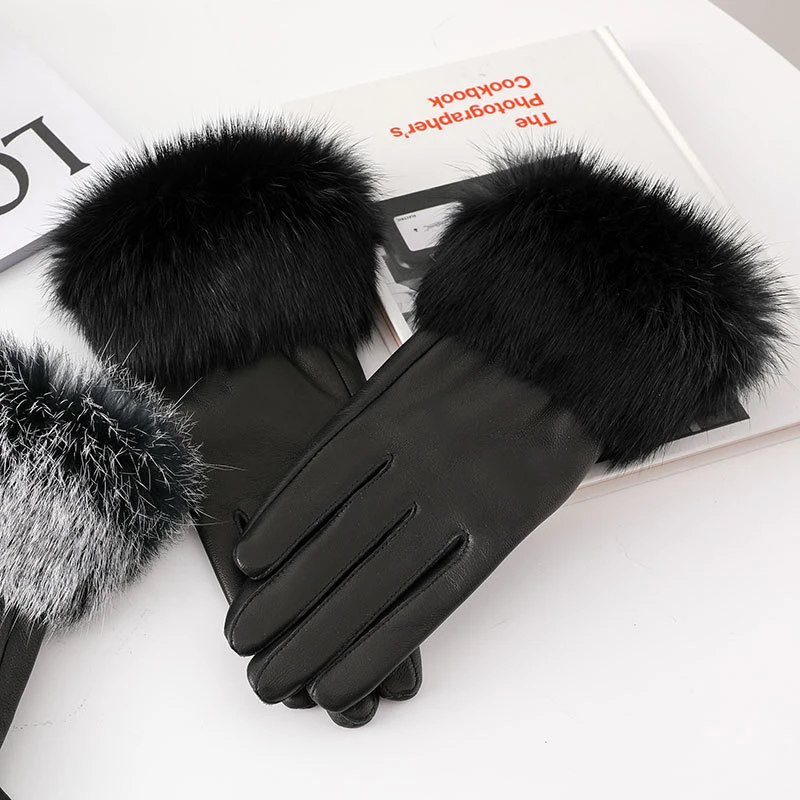 ZDFURS*Genuine Leather Glove Women Warm Fashion Winter Ladies Hand Warmer Gloves With Natural Rabbit Fur Trims