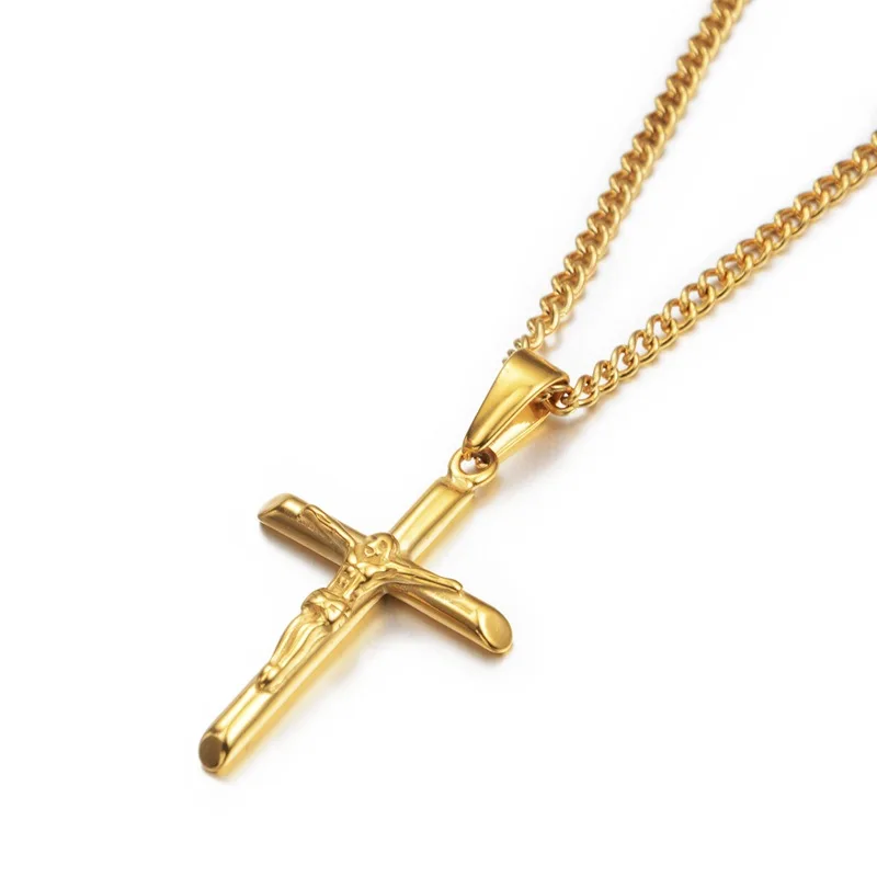 Hot Sell Jesus Cross Pendant Necklace Stainless Steel 18k Gold Plated Crucifix  Cross Jesus Necklace Men Jewelry