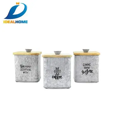 Farmhouse Galvanized Canisters Set of 3 Storage Containers for Coffee and Tea and Sugar in Galvanized Iron and Wood Design