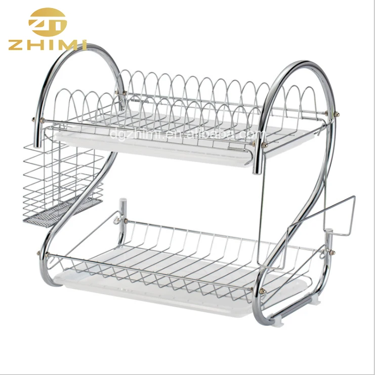 2-Tier Metal Dish Storage and Drainboard Kitchen Chrome Cup Drying Rack Tray Cutlery Drainer Holder