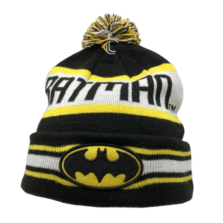 Hot Sale Acrylic Cuff Jacquard Knitted Winter Hat Beanie Hat Embroidered Pom Pom Ball Beanie Cap With Custom Leather Badge Logo