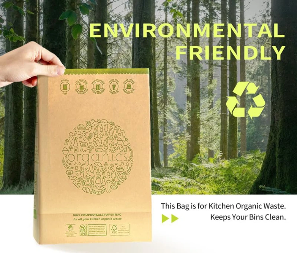 Custom Printed Compostable Food Waste Packaging Biodegradable Disposable Brown Kraft Paper Garbage Bag Without Handles