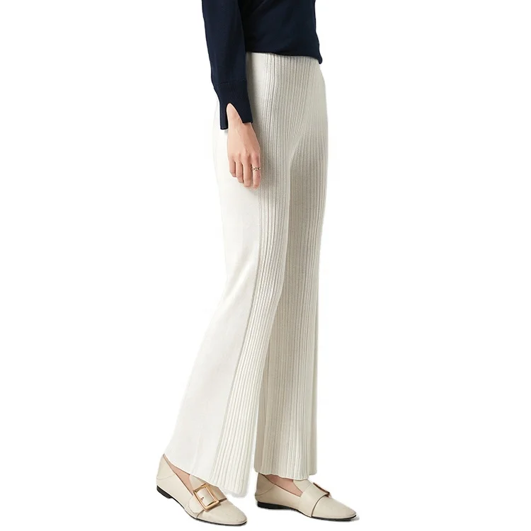 2021 Custom New Fashion Flare Wide White Ribbed Knit Pants long  100 % Pure Cashmere Warm Pants For Women