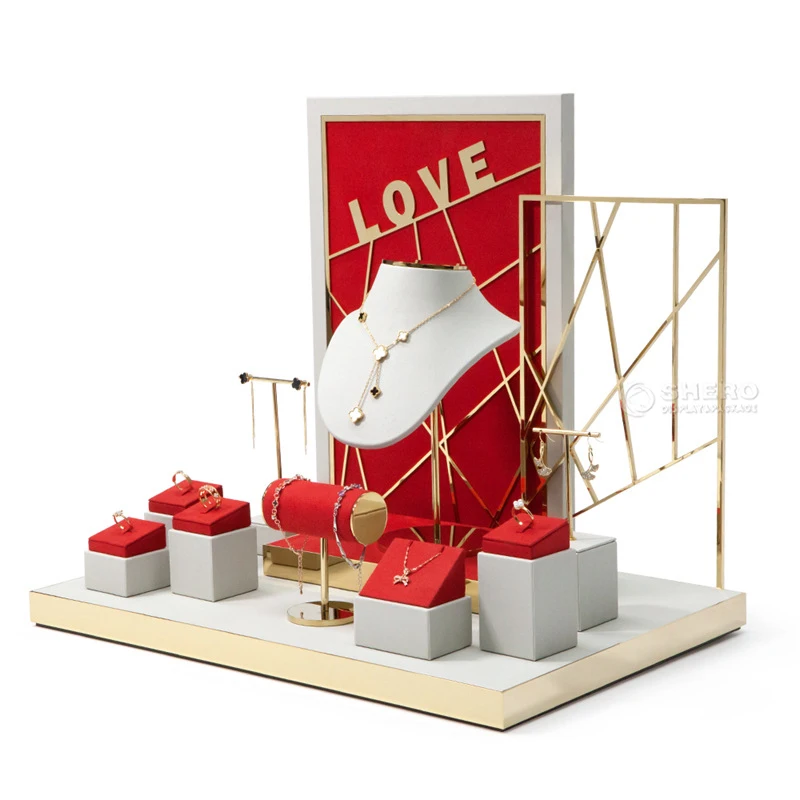 factory custom new design luxury Red color metal jewelry mannequin display stand for ring necklace jewelry display stands