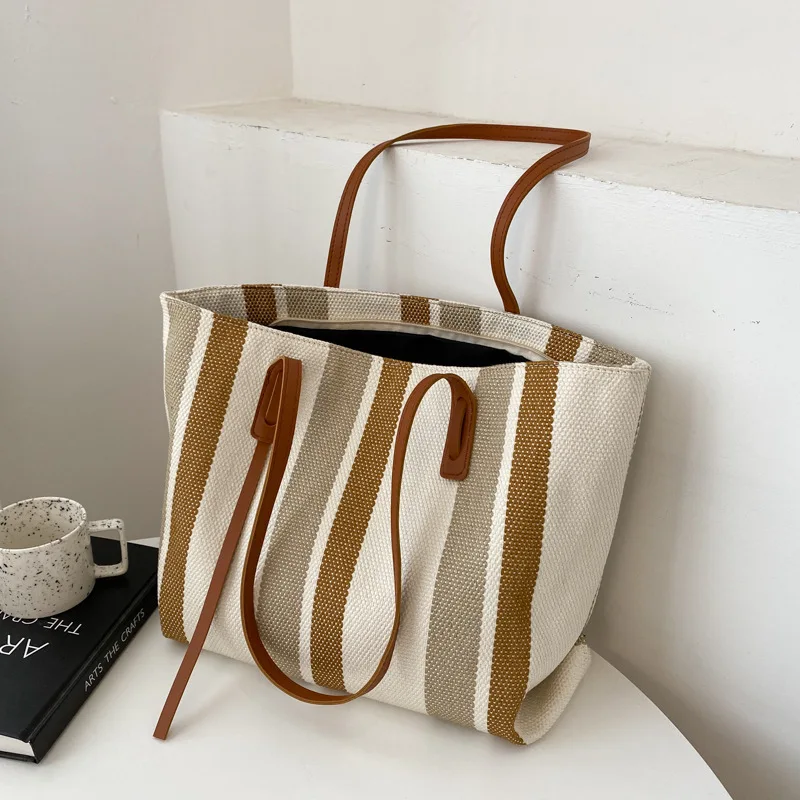 Drop Shipping 2022 New Korean Large-Capacity Shoulder Simple Vertical Stripes Casual Fashion Big Tote Handbags Bags