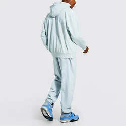 Decheng Oem High Quality French Terry Light Blue Ripped Details Solid Distressed Hoodies Mens Pullover Bulk Oversized Hoodie