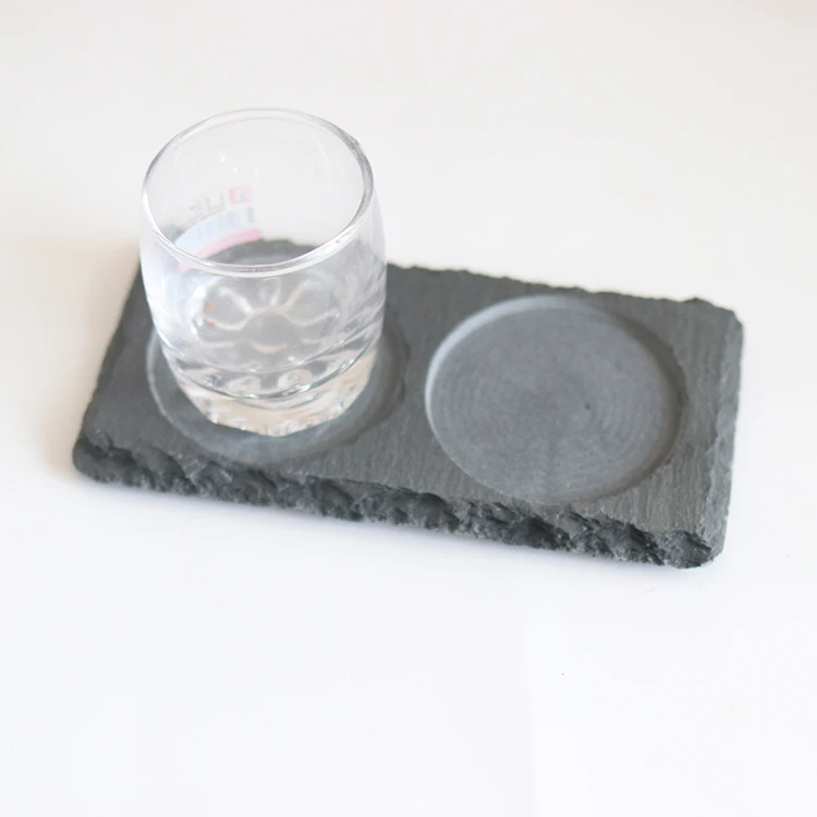 20x8cm Rectangle natural black slate plates stone sushi soy sauce dish with two holes