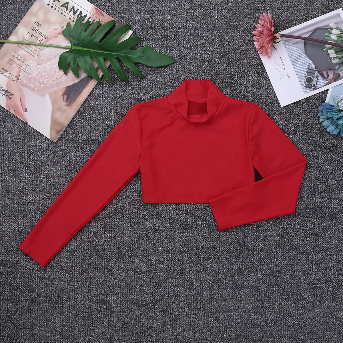 Children Kid Girls Crop Top Solid Color Long Sleeves O-Neck Crop Top for Dancing Stage Performance Workout Ballet Class Dance