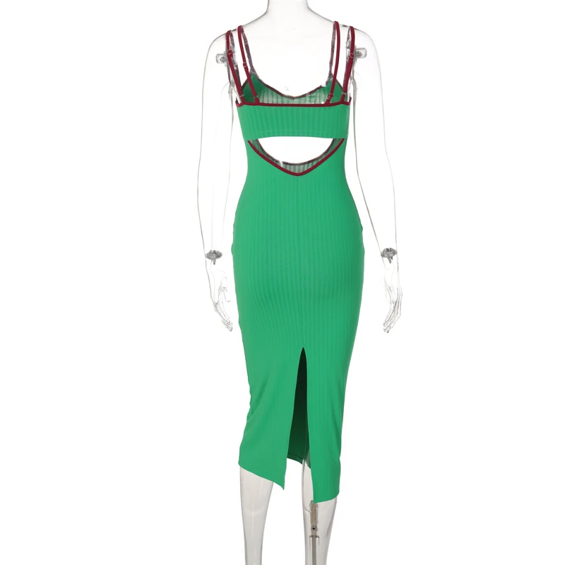 Lagerfe D1C7572G Green Stripe Knitted Hollow Out Strap Midi Dress Bodycon Sexy Party Club Festival 2022 Summer Casual Clothes