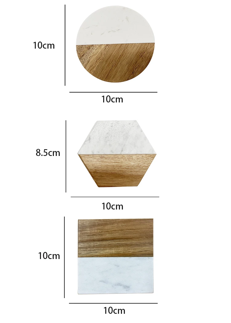Factory Wholesale Square White Wooden Marble Coaster Round Hexagon Marble And Wood Coasters 4 Set For Tea Drink