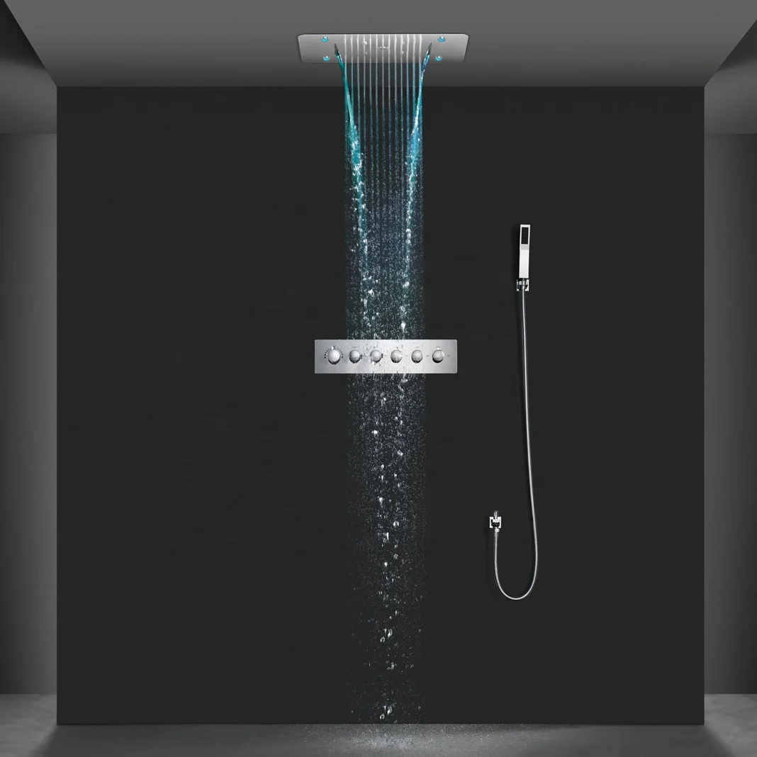 Современная ванная комната латунный СВЕТОДИОДНЫЙ потолочный Термостатический смеситель для душа дизайн дождевой полированная нержавеющая сталь керамическая