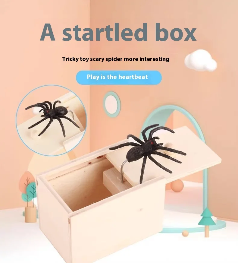 Wooden Prank Trick Practical Joke Home Office Scare Toy Box Gag Spider Kid Parents Friend Funny Play Joke Gift Surprising Box