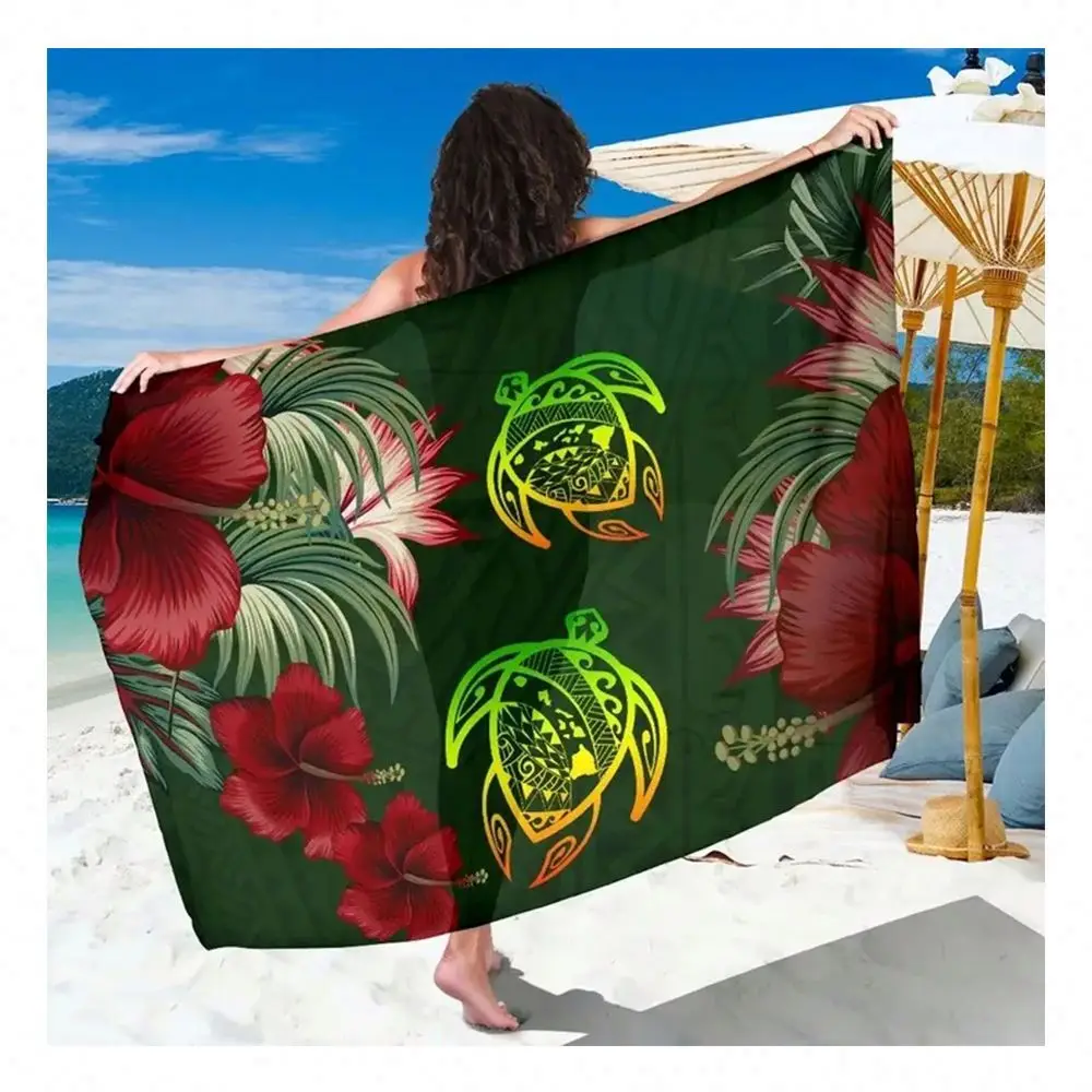 Hawaiian Print Sarong Green Hibiscus Turtle Polynesian Pattern Women Beach Coverups Wrap Dress Long Swim Pareo Swimsuit Cover Up